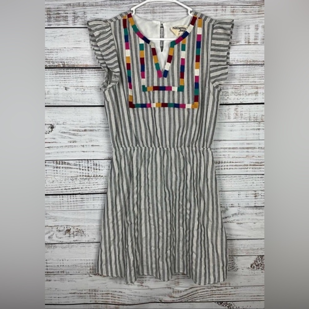 Glitzy Girlz Womens 2X Grey White Striped Boho Embroidered Mini Dress P93880-GG